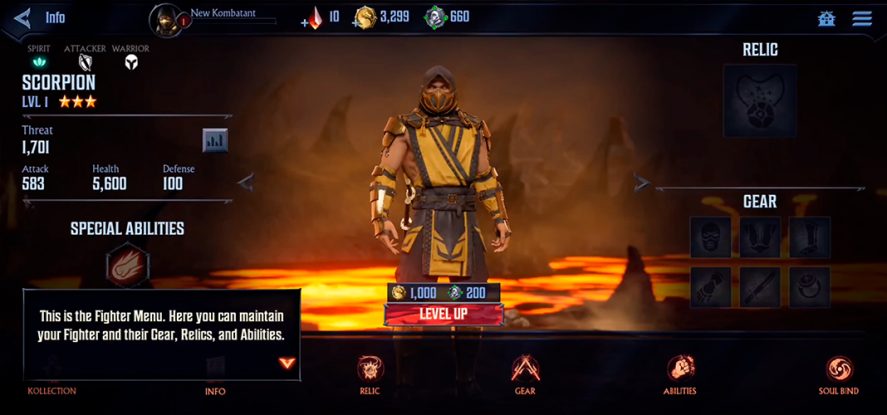 Mortal Kombat Onslaught: Scorpion's profile, showing its special abilities and scores.