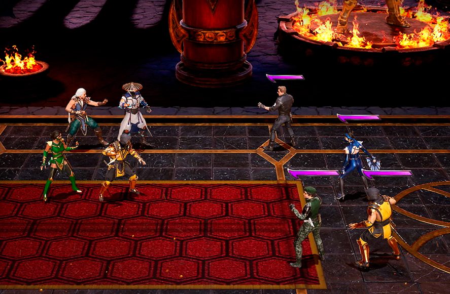 Mortal Kombat: Onslaught: in-game screenshot showing eight warriors fighting each other in teams of four
