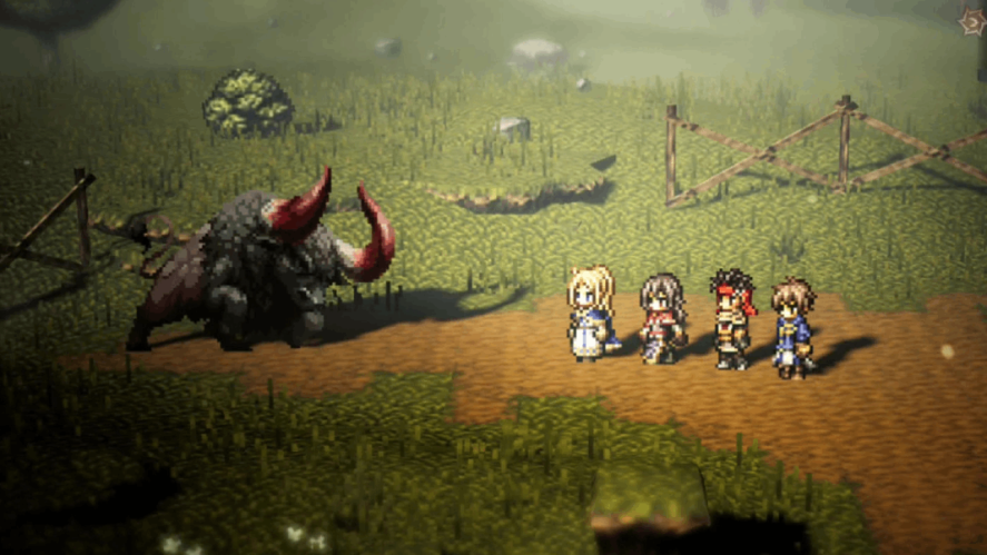 Octopath Traveler: Champions of the Continent: Four anime-like pixelated characters in front of a bull-like creature.