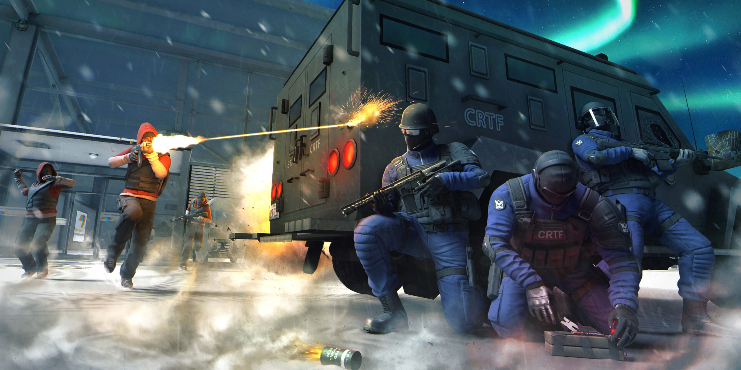 Critical Ops: gang shooting at a truck, behind which three soldiers are hiding.
