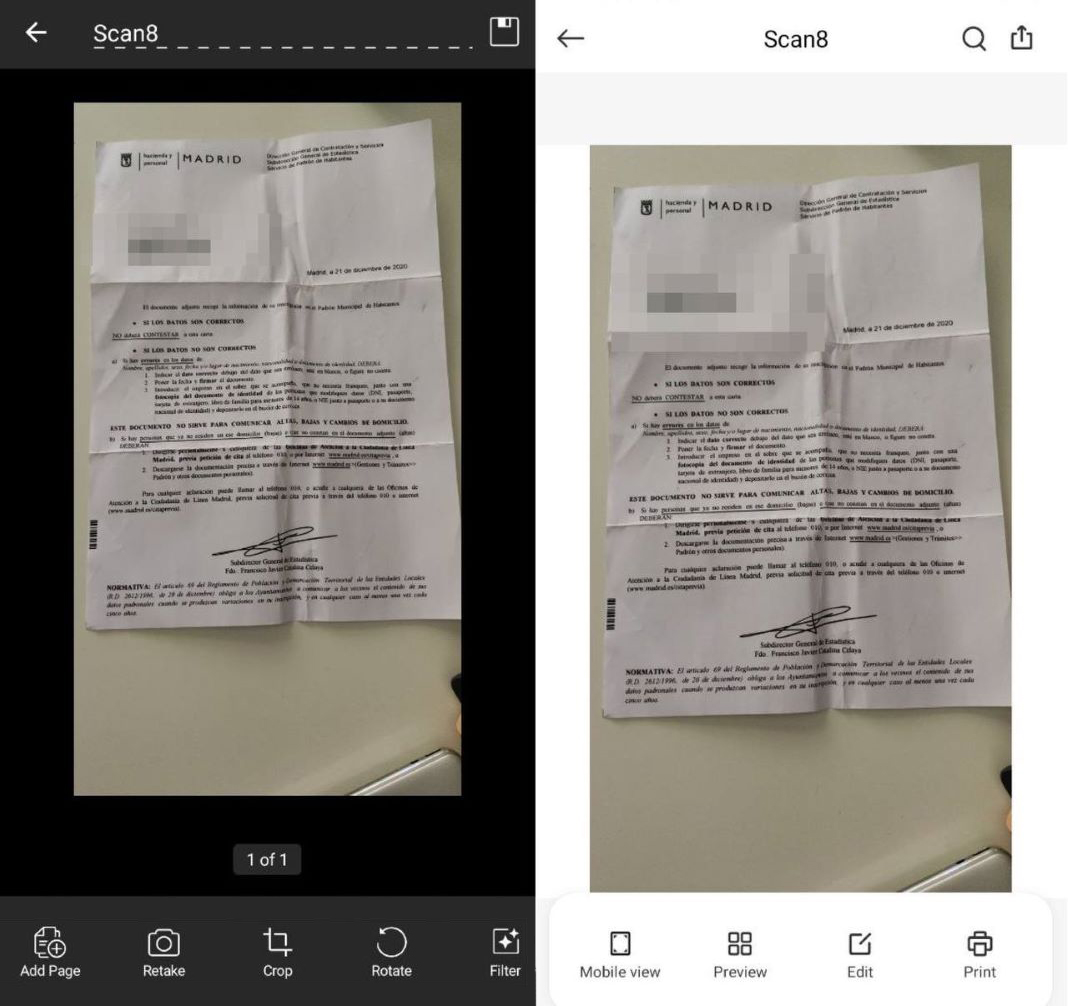 Two images: Scanned document with editing options and scanned document with printing and sharing options