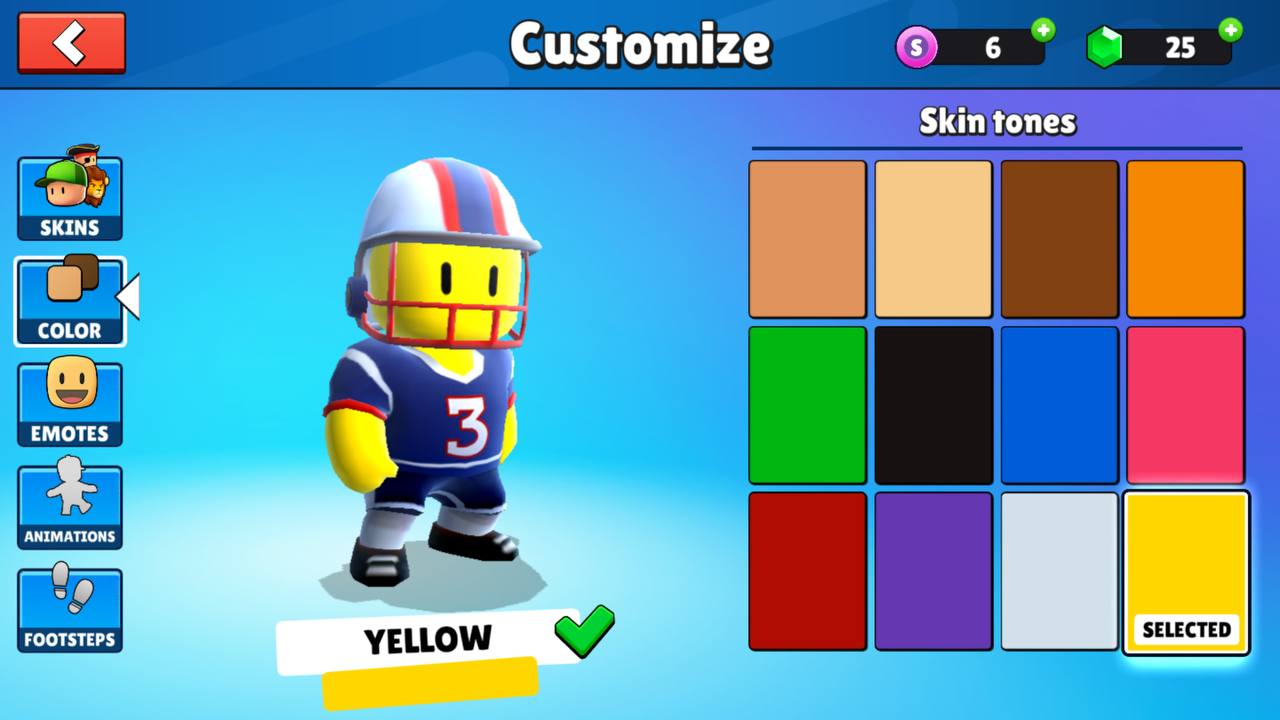 Screen in which the skin color of a character dressed as a rugby player is being customized