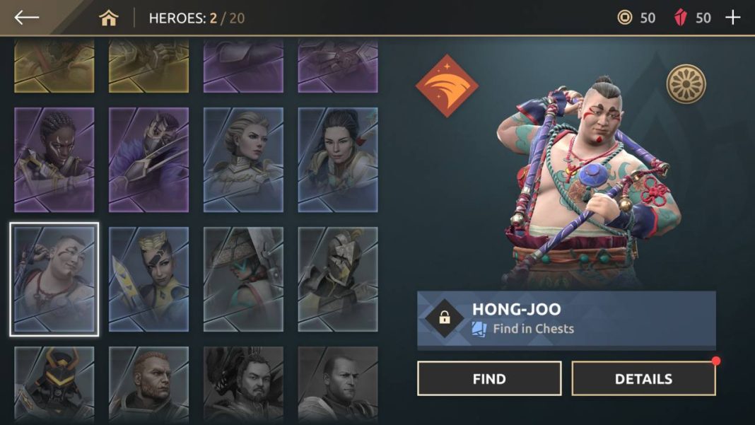 Shadow Fight Arena: Hong-Joo character shown in the list of heroes.