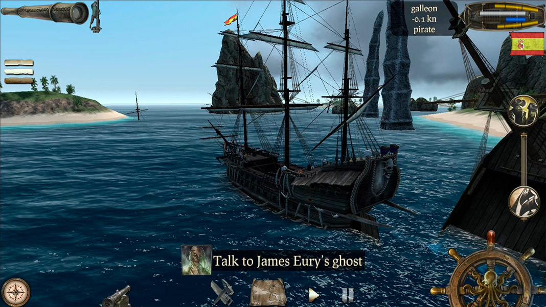 Black pirate galeon near a beach