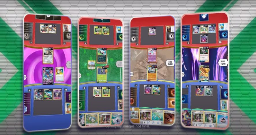 Pokémon TCG live: four smartphones showing in-game scenes.