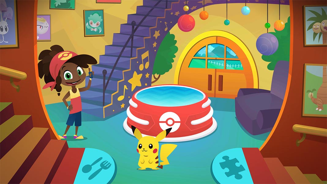 Pokémon Playhouse: Girl trainer signalling up in a several floors house, with a fountain in the hall and Pikachu next to it
