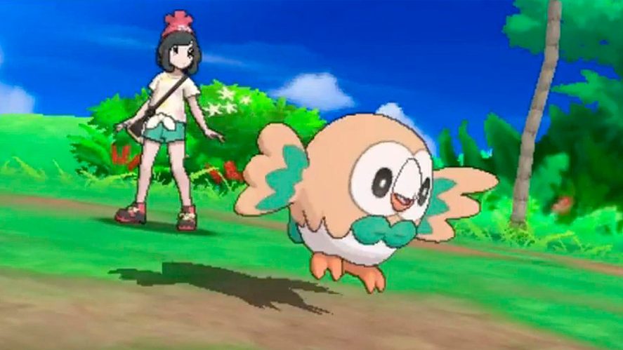 Pokémon Sun promo image showing a Rowlet and a human character.
