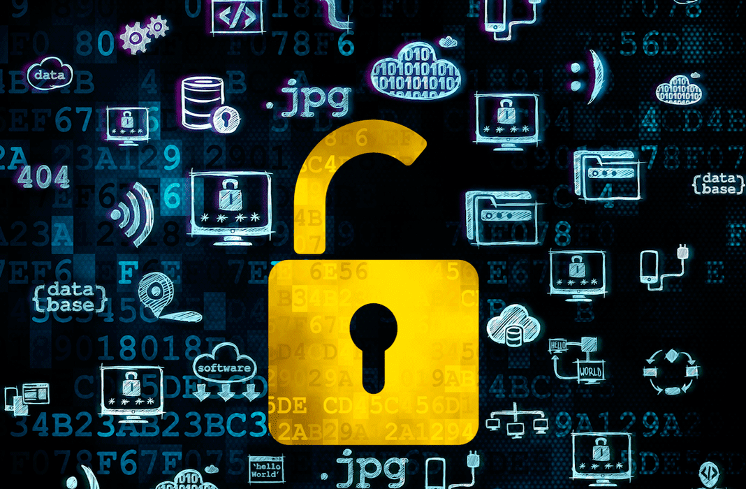 Yellow open lock on a background of icons representing privacy