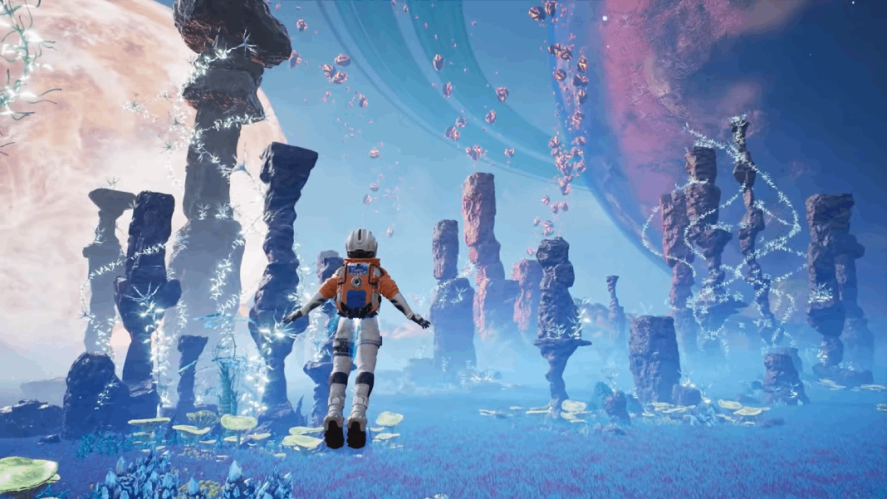 Project Stars trailer snapshot showing a character floating in a rocky planet
