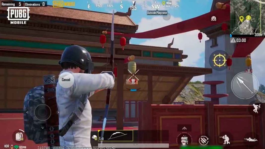 PUBG Mobile: iconic character aiming at an Asian-style building