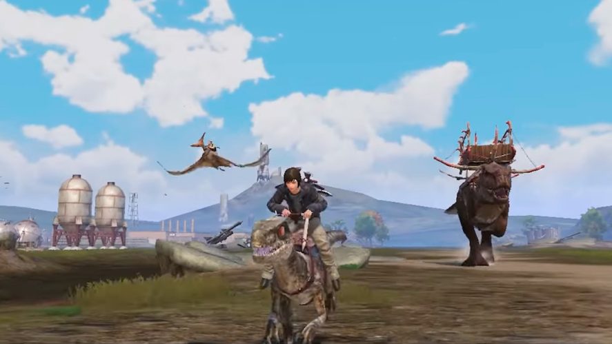 PUBG Mobile in-game screenshot showing several characters riding dinosaurs.