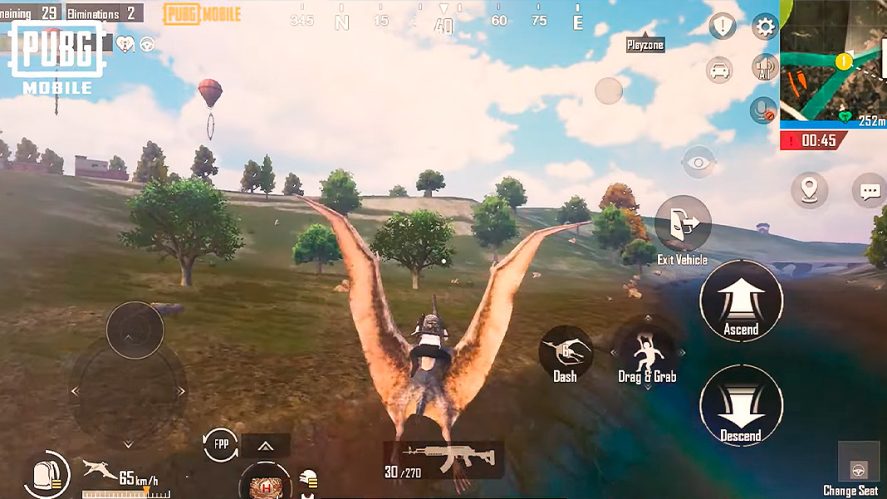 PUBG Mobile in-game screenshot showing a first-person perspective aiming at a flying Pterosaur.