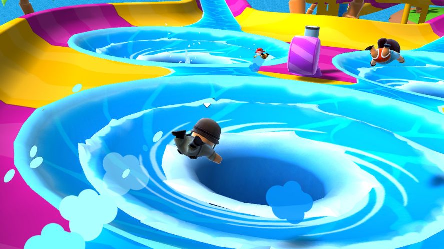 Three Stumble Guys players trapped in three water whirlpools