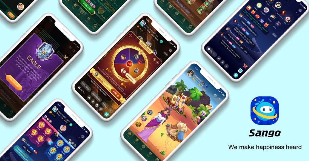 Several smartphones with different games on-screen and the Sango icon