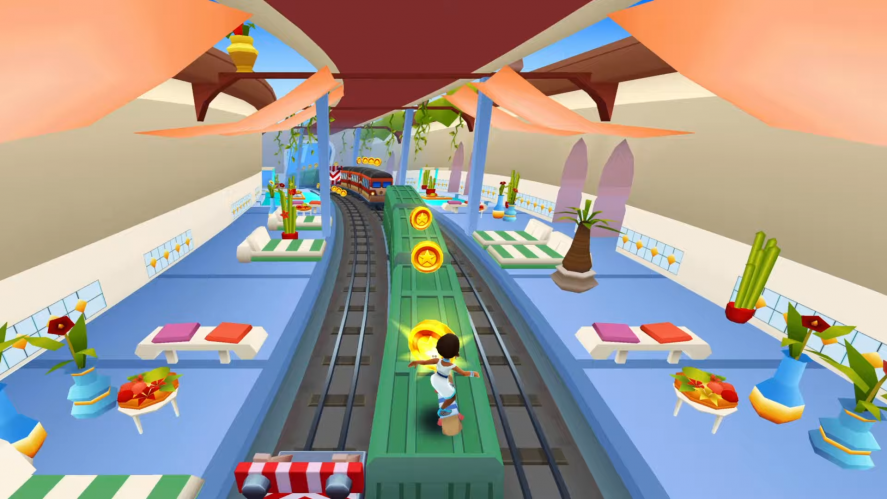 Subway Surfers: Character running on top of a train to get coins