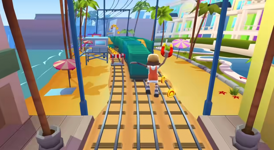 Subway Surfers: Character carrying a booster while catching coins on top of a railway