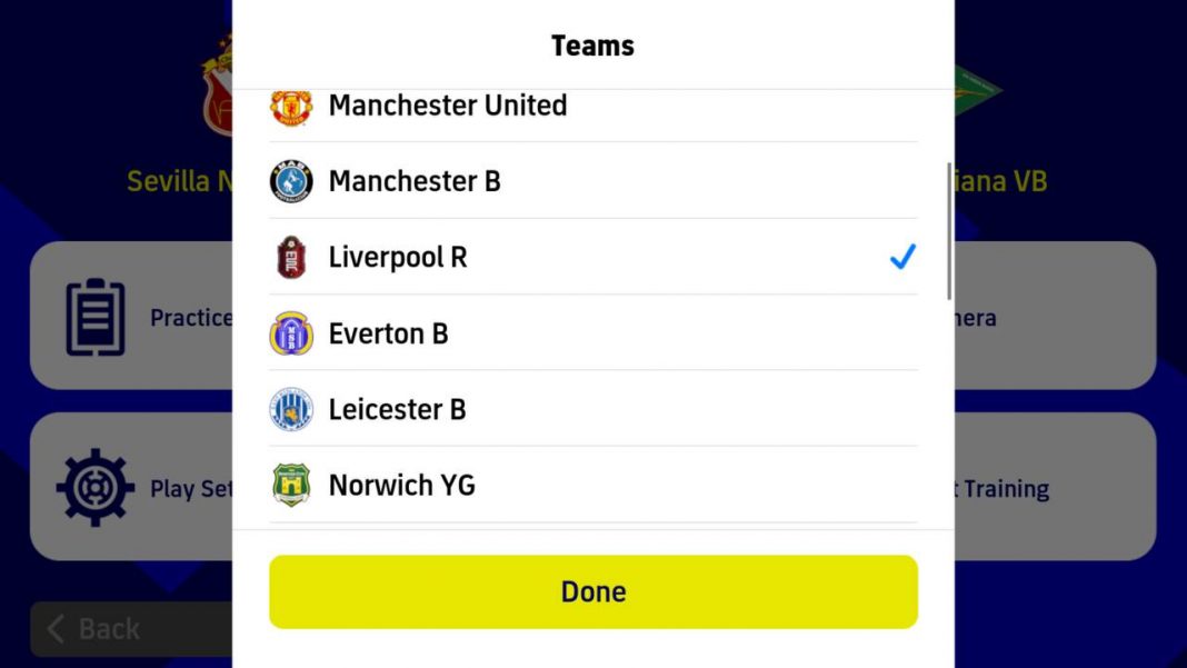 eFootball PES 2022 screenshot with several teams on the screen to select