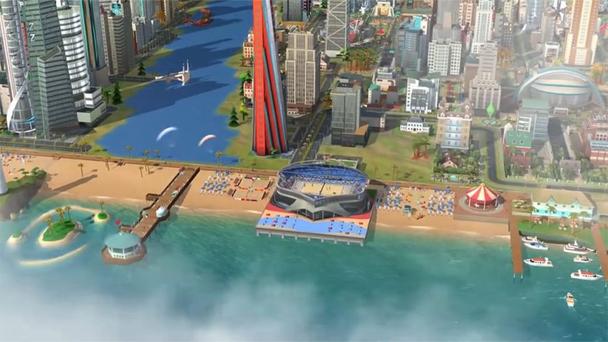 SimCity Buildit in-game screenshot showing a city port from a bird's eye view.