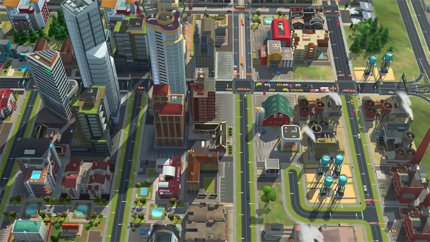 SimCity Buildit in-game screenshot showing a city from a bird's eye view.