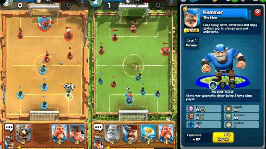 Soccer Royale: three in-game screenshots showing two games and the character Hammer