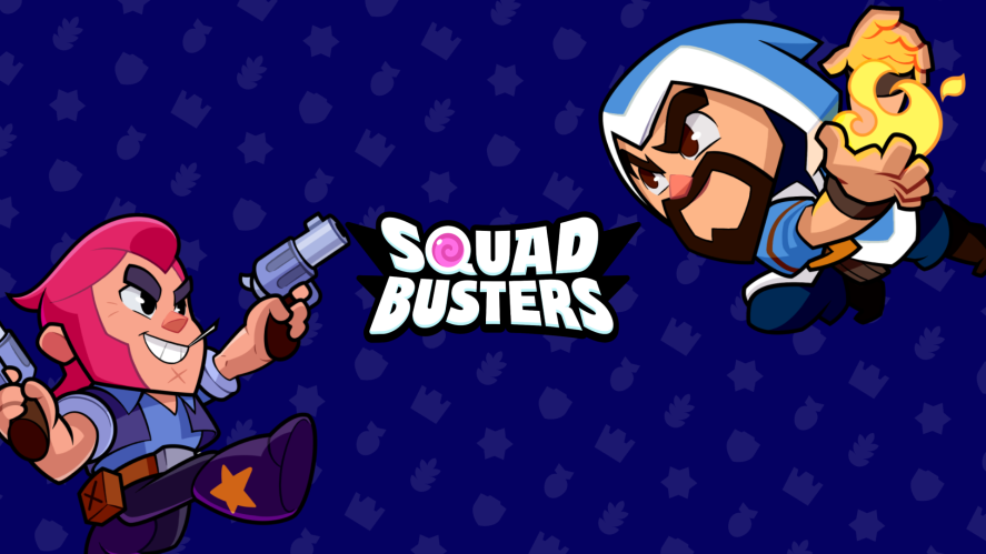 Promo image of Squad Busters showing two characters, one red-haired man dressed as a cowboy and one bearded man dressed in blue, shooting at each other.