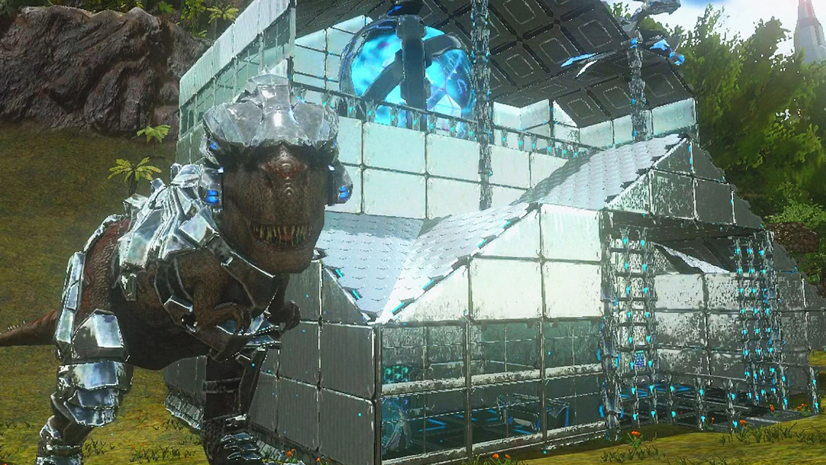 ARK: Survival Evolved Mobile screenshot. Dinosaur with futuristic armor next to a contemporary building.