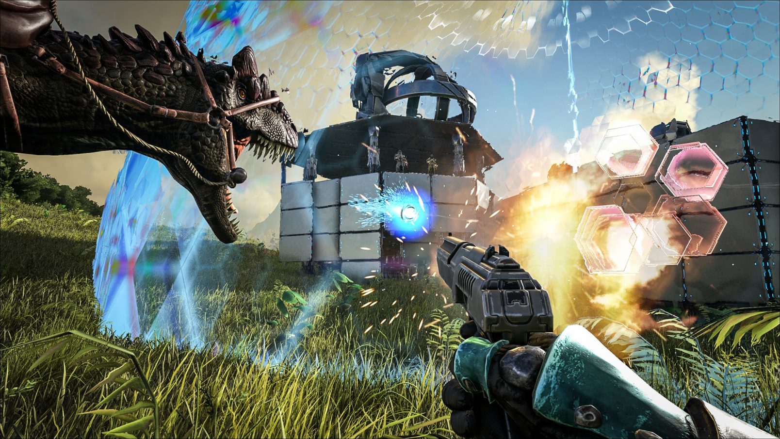 ARK: Survival Evolved on PC screenshot. Dinosaur and hand with a gun.