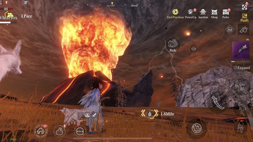Screenshot of Chimeraland with a character in front of an erupting volcano