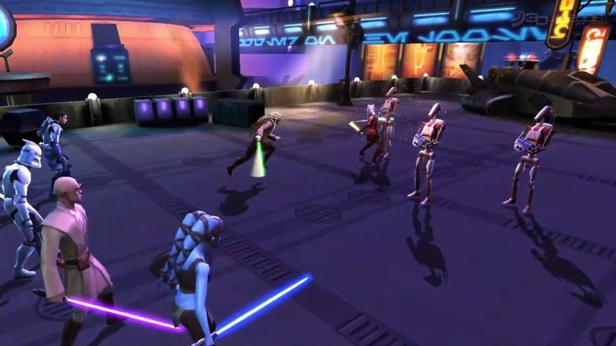 Characters from Star Wars: Galaxy of Heroes about to start a battle