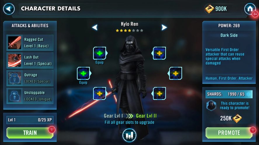 Screen of Star Wars: Galaxy of Heroes with details of Kylo Ren