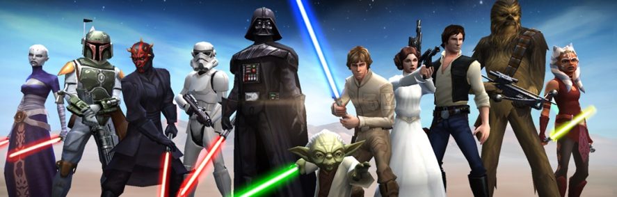 Promo image of Star Wars: Galaxy of Heroes with several well-known characters