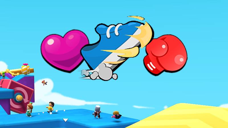 Three Stumble Guys emoticons: a pink heart, a blue sneaker and a red boxing glove.