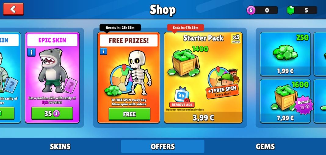 Stumble Guys: shop showing different prizes