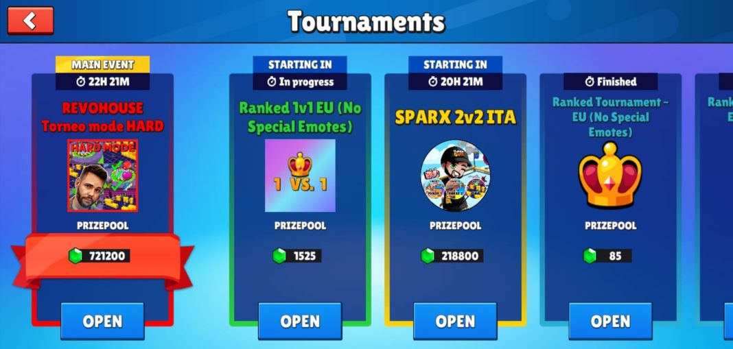 Stumble Guys: tournaments section showing ongoing, finished and upcoming events