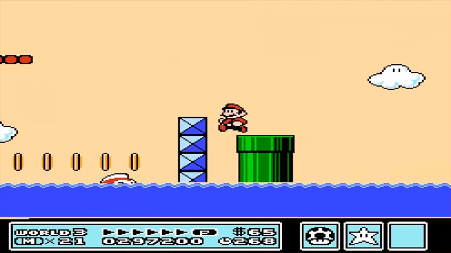 Super Mario Bros 3 in-game screenshot showing Mario jumping a platform
