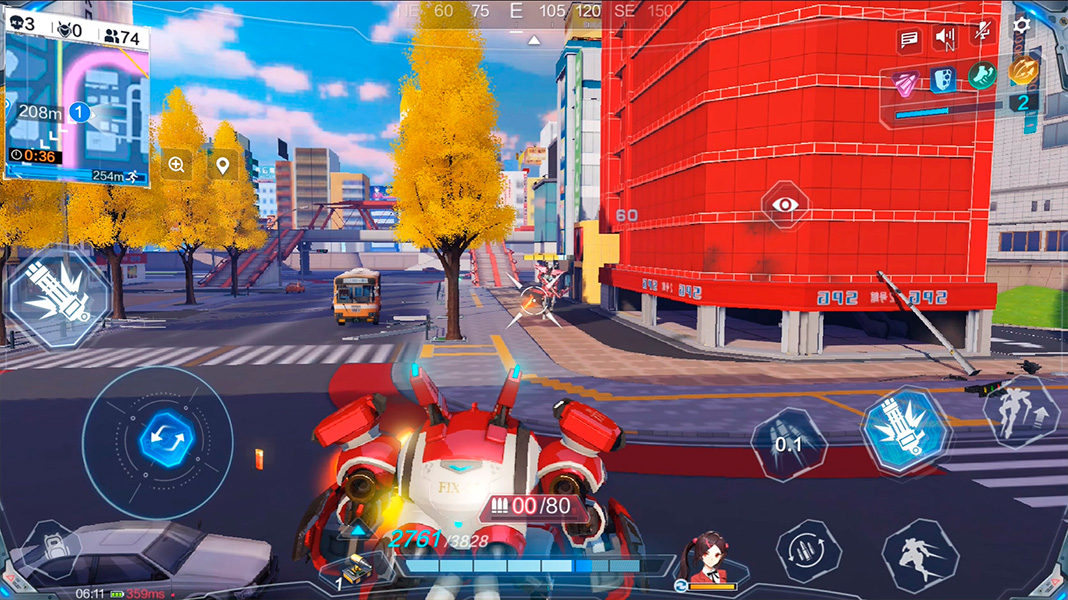 Super Mecha Champions: Screenshot of a red robot in the city