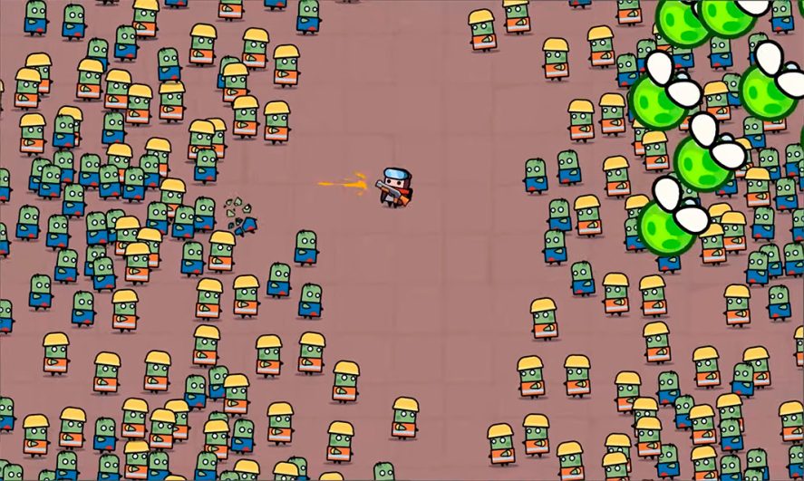 Survivor.io screenshot showing the main character shooting a horde of zombies