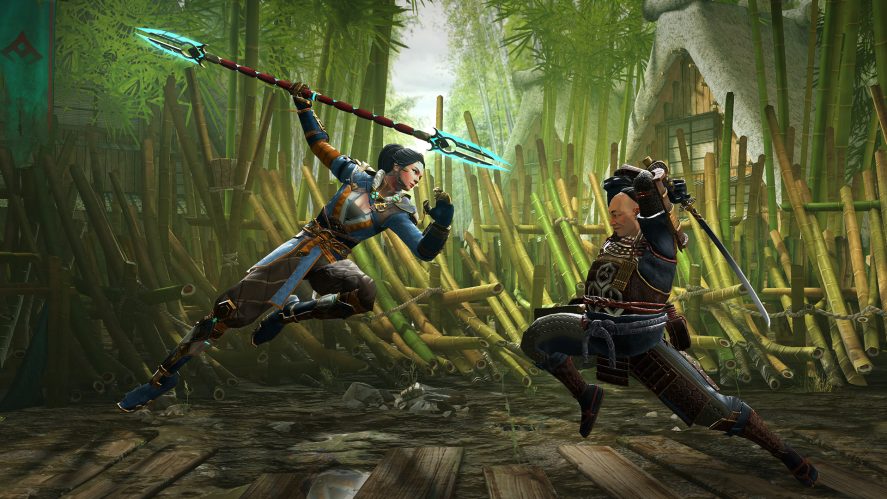Shadow Fight Arena combat between a woman with a spear and a man with a sword