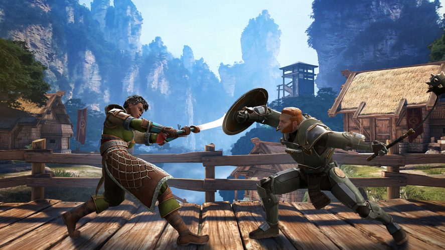Screenshot of Shadow Fight Arena with a fight between two characters armed with shield and sword