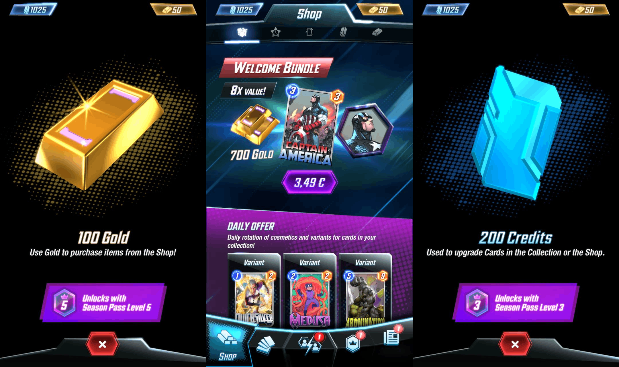 Three Marvel Snap screenshots showing the 100 Gold in level 5, the Welcome Bundle and the 200 Credits in level 3