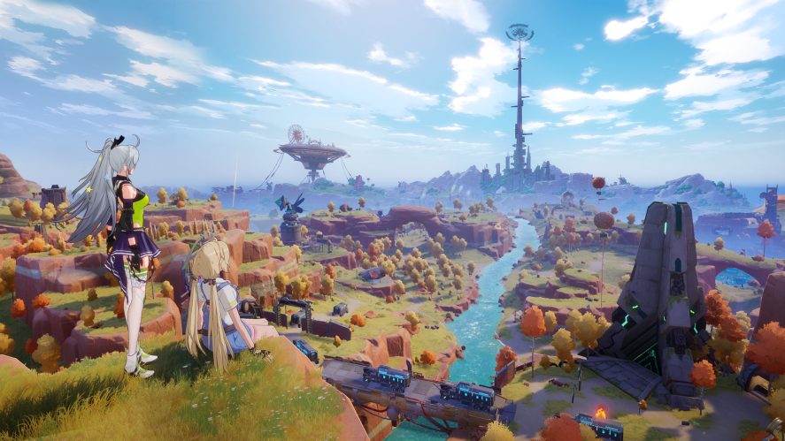 Screenshot of Tower of Fantasy with two female characters contemplating the landscape