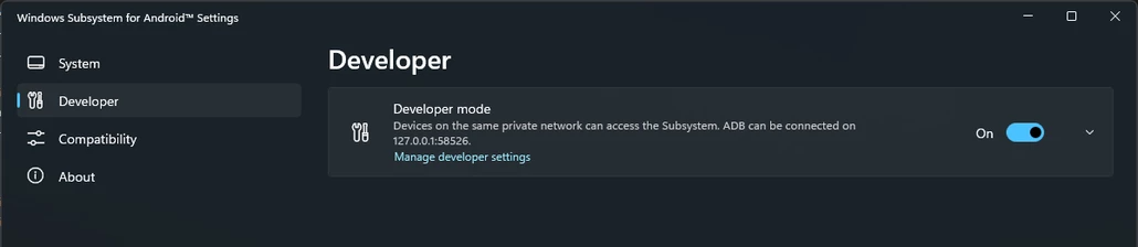 Developer mode menu on Windows Subsystem for Android