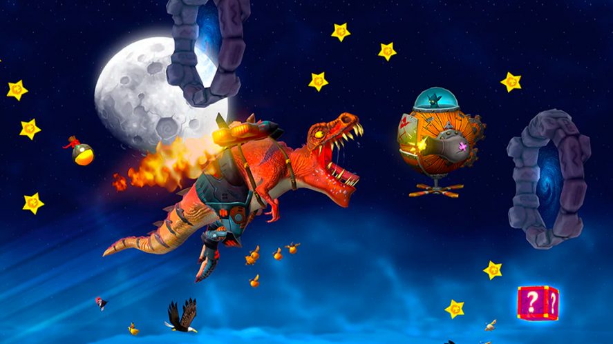 T-Wreck, an orange-colored dragon in Hungry Dragon, aiming at a spaceship