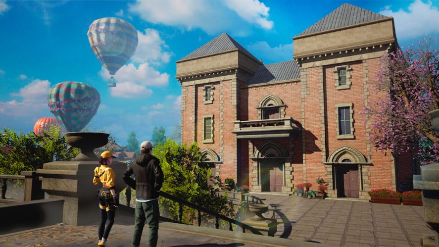 Undawn in-game screenshot showing two characters in front of a building and two hot-air balloons in the background