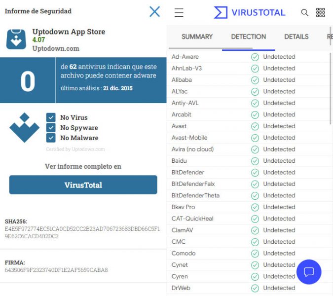 VirusTotal's report on Uptodown's app