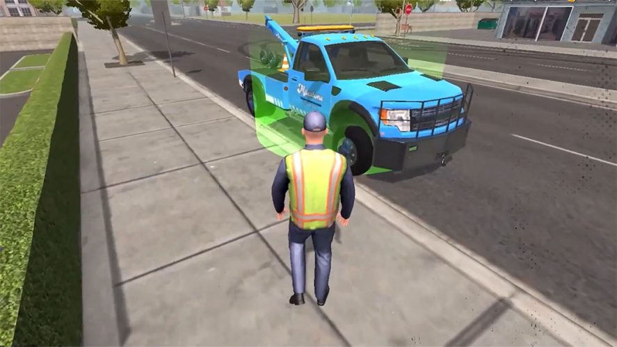 Vice Online in-games screenshot showing a male character in front of a blue tow truck