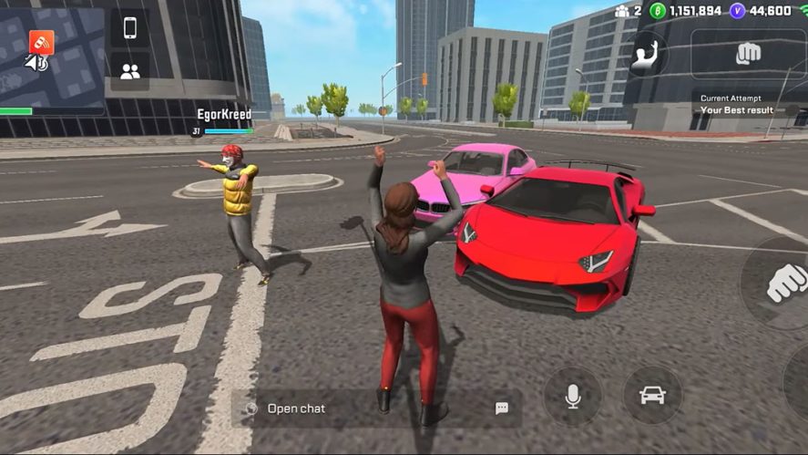 Vice Online in-game screenshot showing two characters in front of two cars in the middle of the road