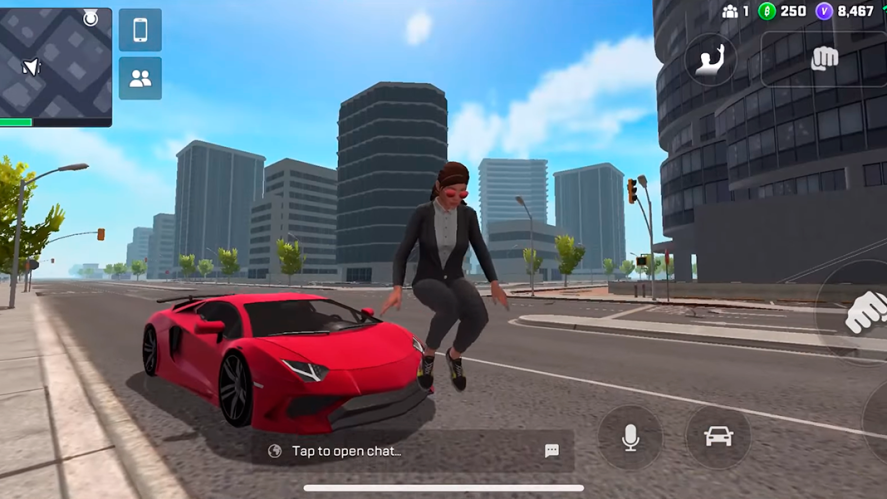 Vice Online in-game screenshot showing a character jumping in front of a red car