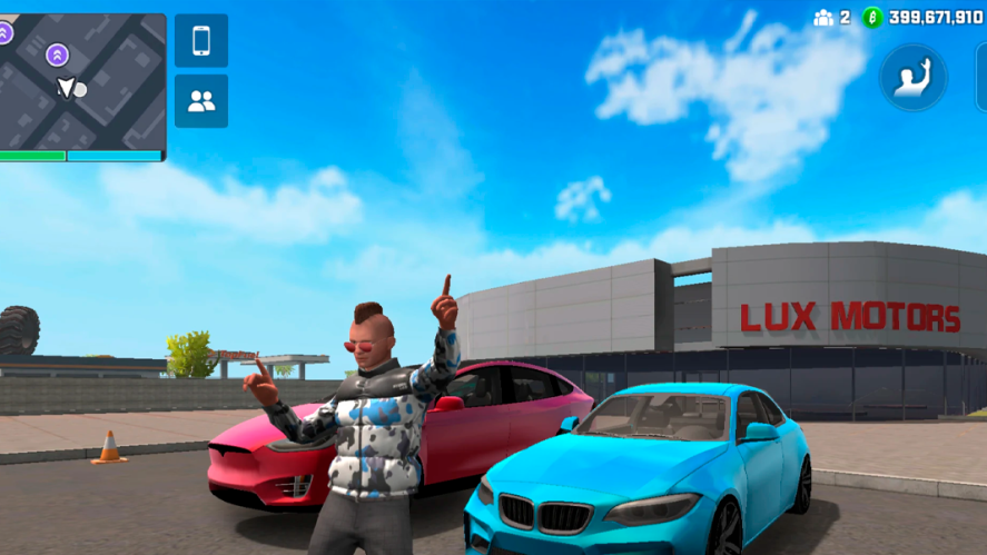 Vice Online in-game screenshot showing a character between two cars that look like they are about to start a race