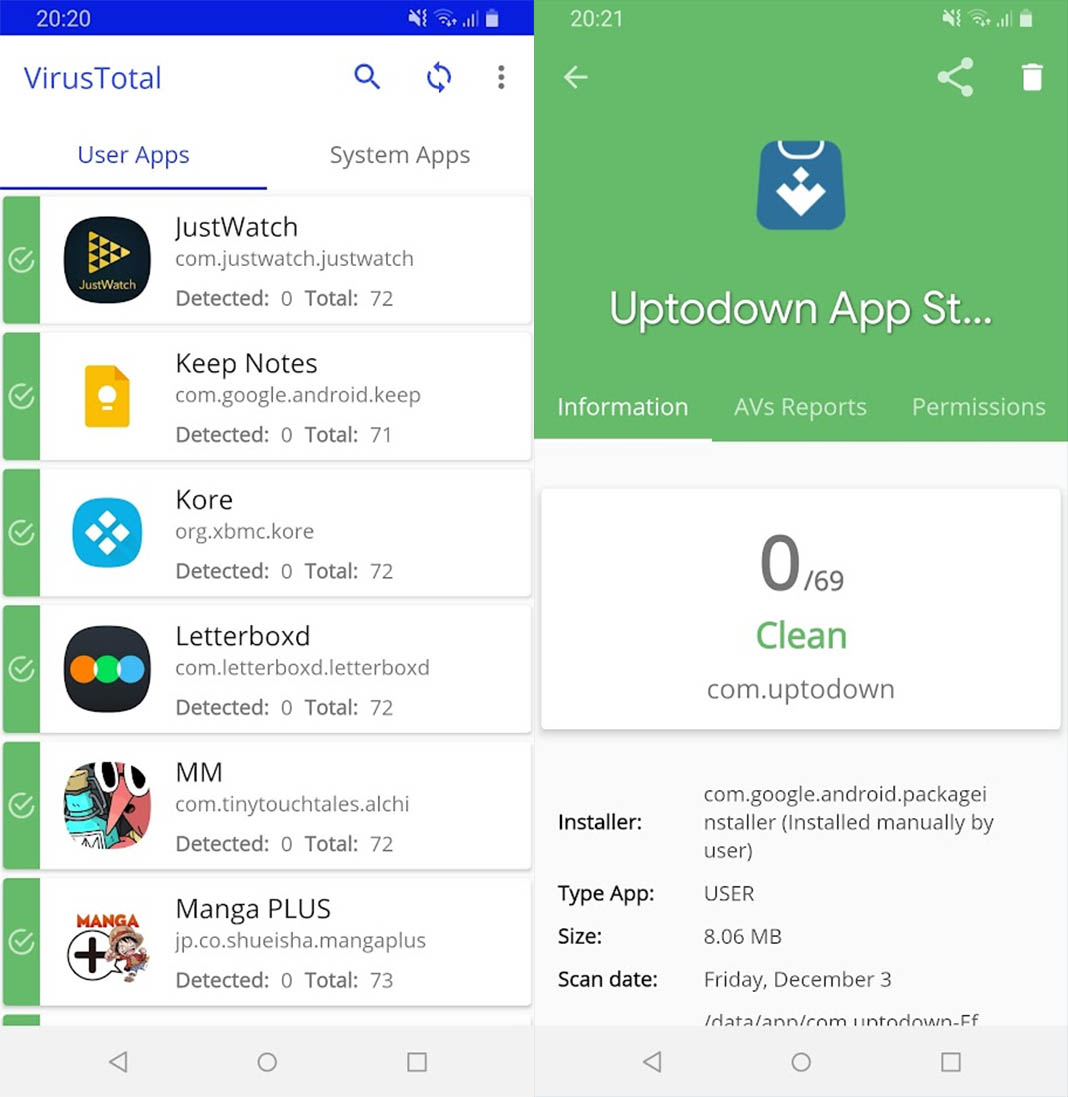 VirusTotal Mobile app scanning Uptodown's app